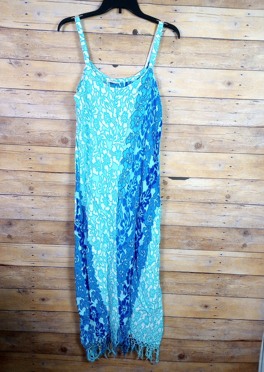 Pineapple Moon Dresses & Skirts - Pineapple Moon Dress Large Blue White Flowers Sleeveless Fringe Summer Hawaiian